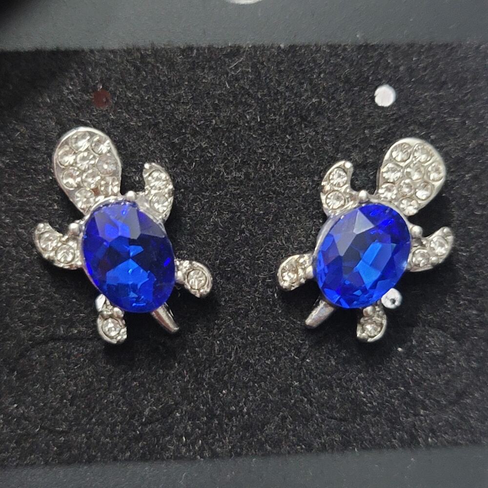 Womens Blue Crystal Stud Turtle Earrings